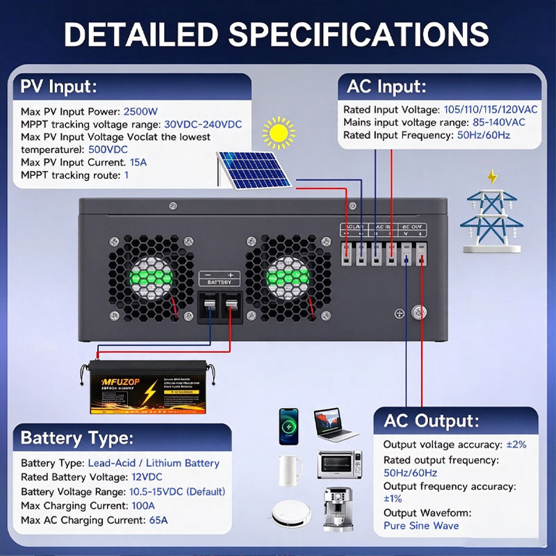 MFUZOP Inversor solar híbrido  - Lifepo4 Battery 12V 100Ah reseña y precio